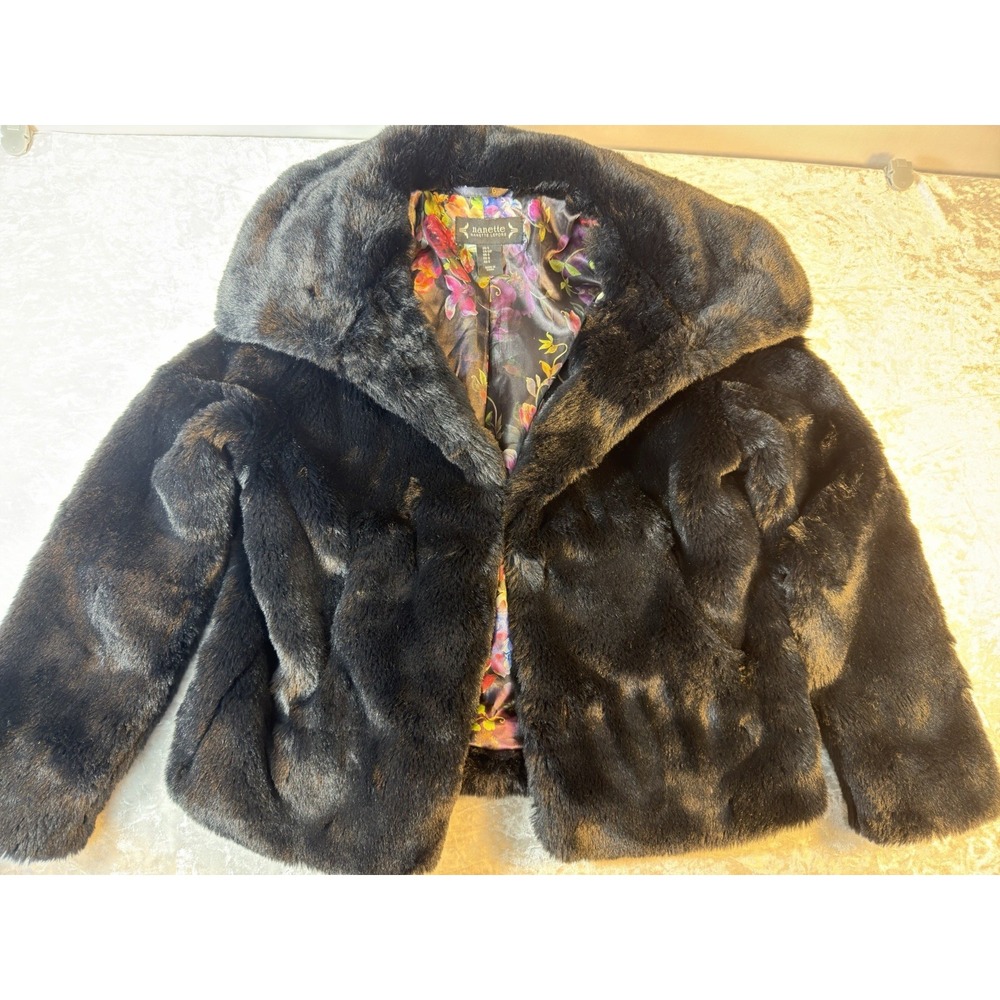 Nanette Lepore Faux Fur Coat Womens S Black Floral Lined Plush Jacket NWOT
